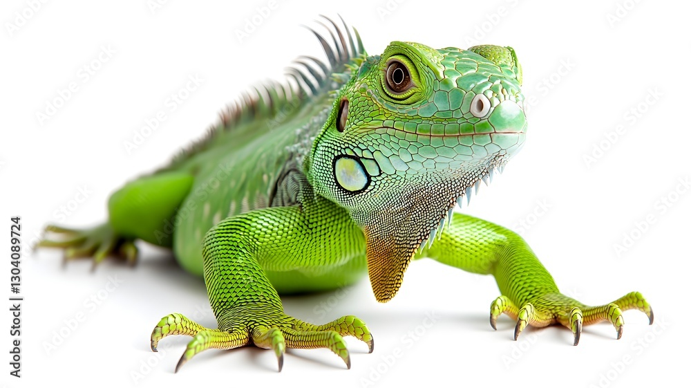Fototapeta premium Elegant green iguana posing against crisp white background for contrast