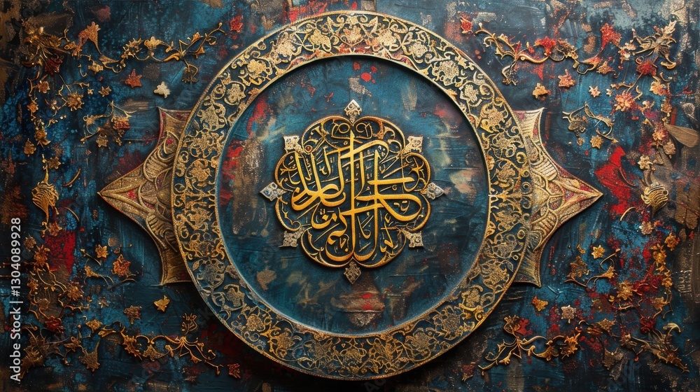 Fototapeta premium Intricate Islamic Art with Floral Patterns and Calligraphy on a Colorful Background