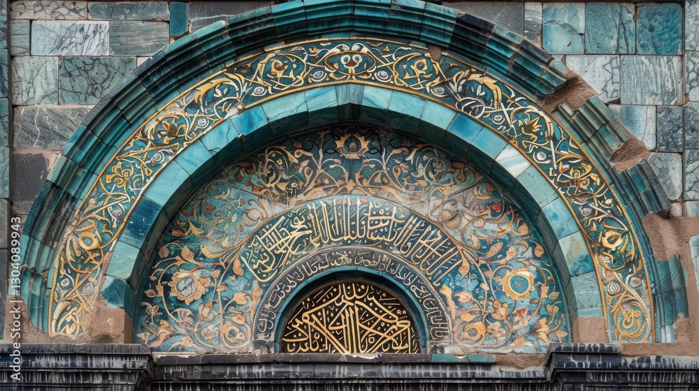Obraz premium Intricate Architectural Design Featuring Arabic Calligraphy and Vibrant Tile Patterns in Historical Context