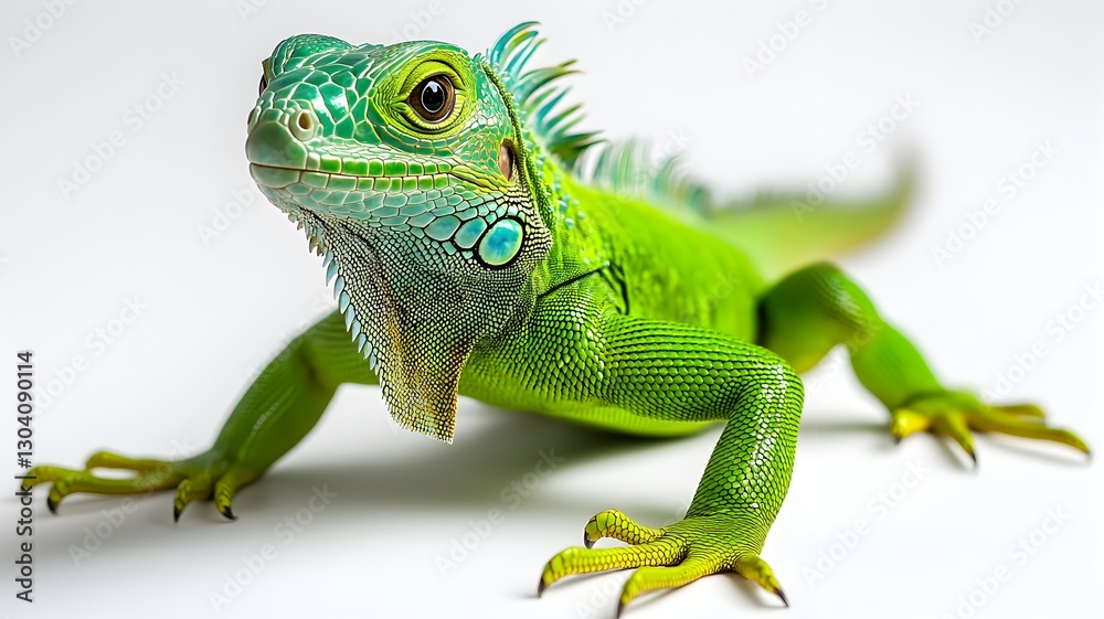 Fototapeta premium Stunning green and blue patterned lizard relaxing on a branch in natural habitat