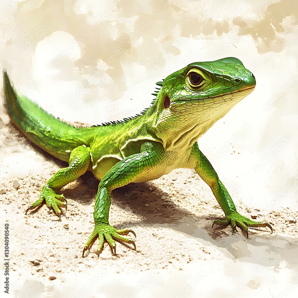 Fototapeta premium Lizard relaxing on soft, warm sand under the sun, capture of serene desert atmosphere