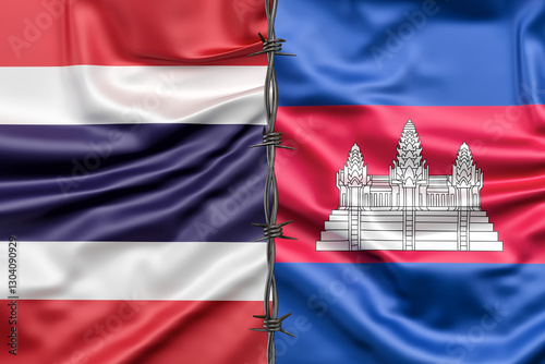 Thailand and Cambodia Flags Divided by Barbed Wire, Political Tensions, Conflict and Diplomacy, Geopolitical Concept