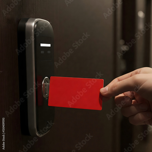 Mockup of Blank Red Key Card Inserted in Electronic Lock at Hotel