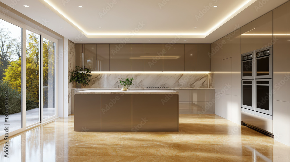 Fototapeta premium Bright and spacious modern kitchen with soft beige tones, featuring sleek cabinetry, large island, and ample natural light from large windows