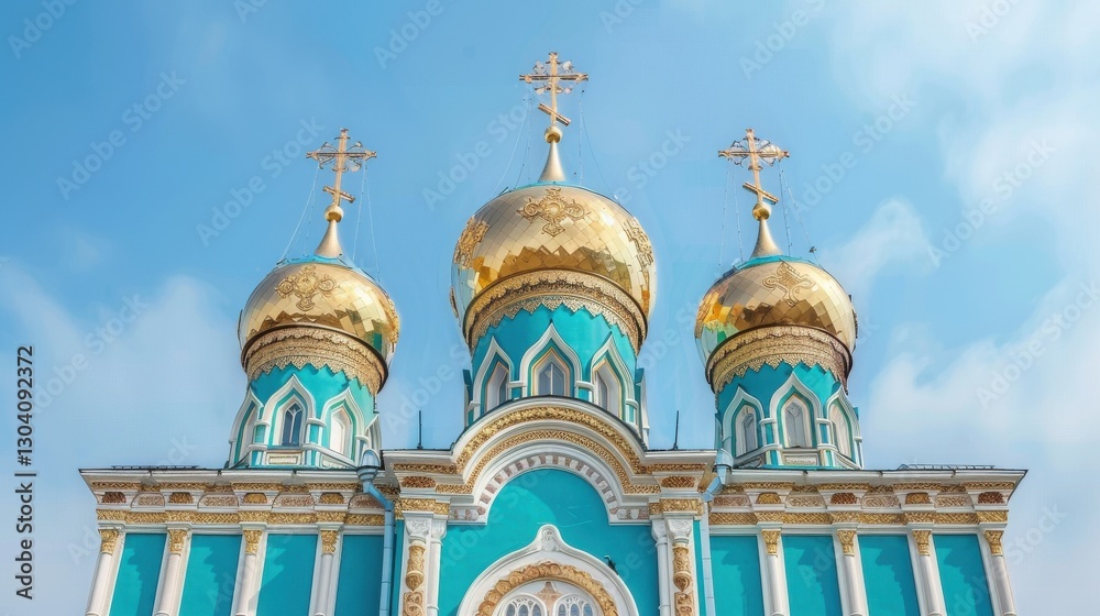 Obraz premium Magnificent Church with Golden Domes and Turquoise Facade Against a Bright Sky
