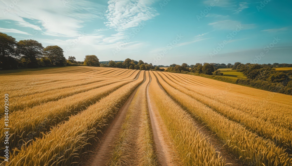 Golden Wheat Field Landscape Under a Sunny Blue Sky Golden Wheat Field Landscape Under a Sunny Blue Sky