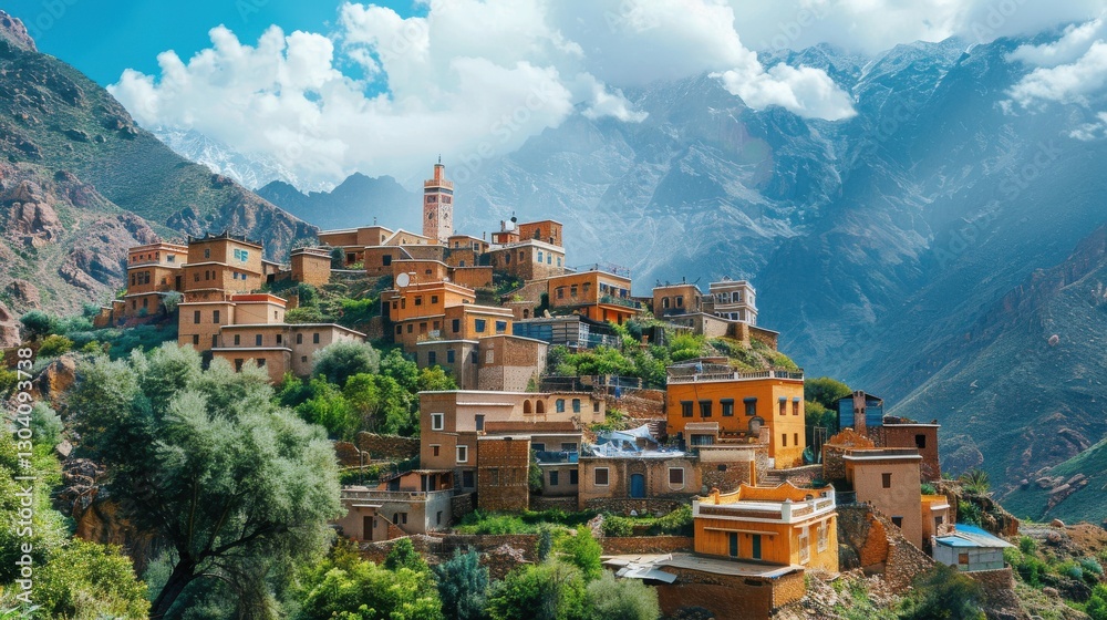 Obraz premium Serene Mountain Village Amidst Stunning Peaks and Lush Greenery in a Unique Cultural Landscape