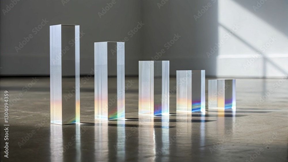 A series of geometric prisms reflecting faint bar chart silhouettes, capturing the essence of data analytics in a subtle, artistic way A series of geometric prisms reflecting faint bar chart silhouettes, capturing the essence of data analytics in a subtle, artistic way
