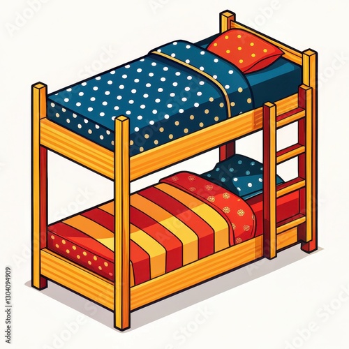 A colorful bunk bed with blue polka dot and red striped bedding, featuring wooden frames and a ladder for access to the top bunk.