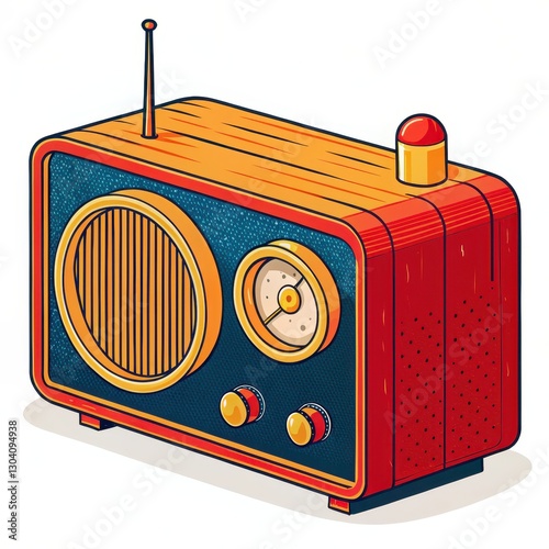 A vintage-style radio with a vibrant design featuring a speaker, dial, and antenna, showcasing a retro aesthetic.