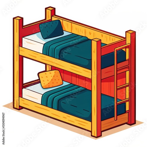 A colorful, illustrated bunk bed featuring two levels, each with bedding and pillows, complete with a ladder for access.