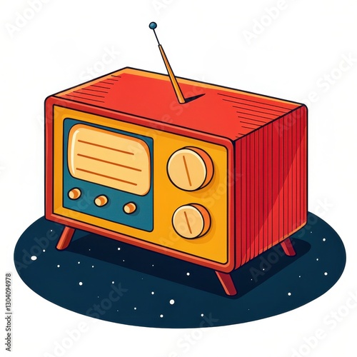 A colorful retro radio with knobs and an antenna, set against a dark background, evoking a nostalgic vibe of vintage technology.