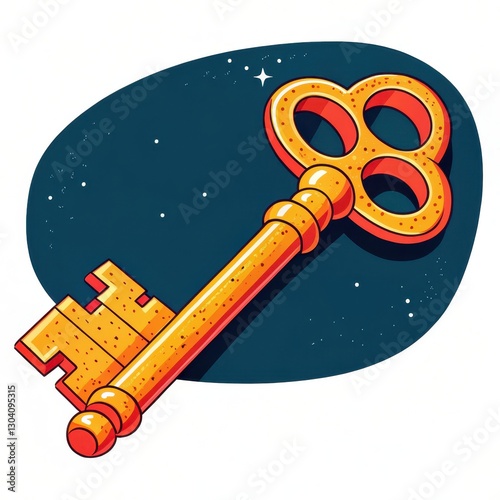 A vibrant, golden key with ornate designs, set against a dark blue background with stars, suggesting themes of unlocking and adventure.