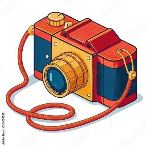 A vibrant illustration of a classic camera, featuring a colorful design with a strap, emphasizing photography and creativity.