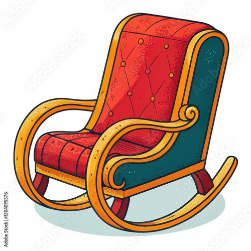 A colorful rocking chair with a padded seat, featuring a red and green design with intricate detailing.
