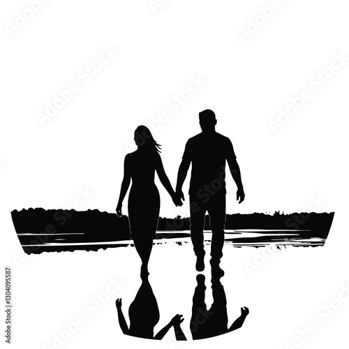 Couple walking hand in hand by the ocean at sunset, love and connection