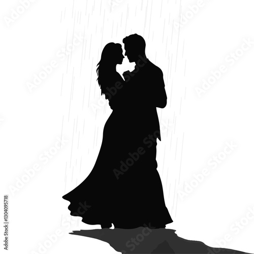 Couple waltzing in the rain silhouette, romantic elegance