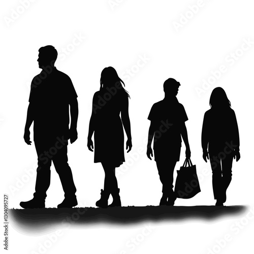 Silhouette of four people walking in a park, unity in motion