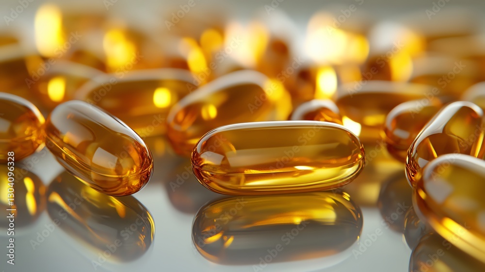 Golden soft gel capsules on reflective surface. Golden soft gel capsules on reflective surface.