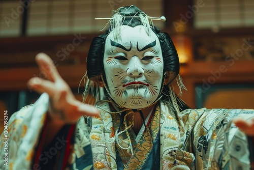 Traditional Japanese Theater Performance with Kabuki Actor in Elaborate Costume and Expressive Makeup Capturing Cultural Essence