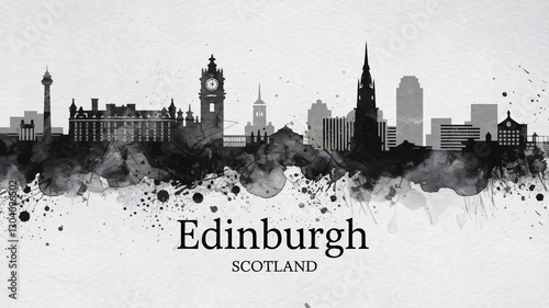 Edinburgh Scotland Skyline BW, print poster travel art illustration urban modern downtown landmarks skyscrapers artwork architecture digital design