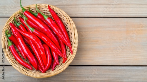 Red Chili Peppers in Wicker Basket on Wooden Background