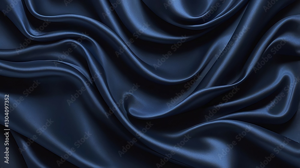 Obraz premium Dark blue silk satin texture background. Shiny fabric with soft wavy folds. Liquid wave effect