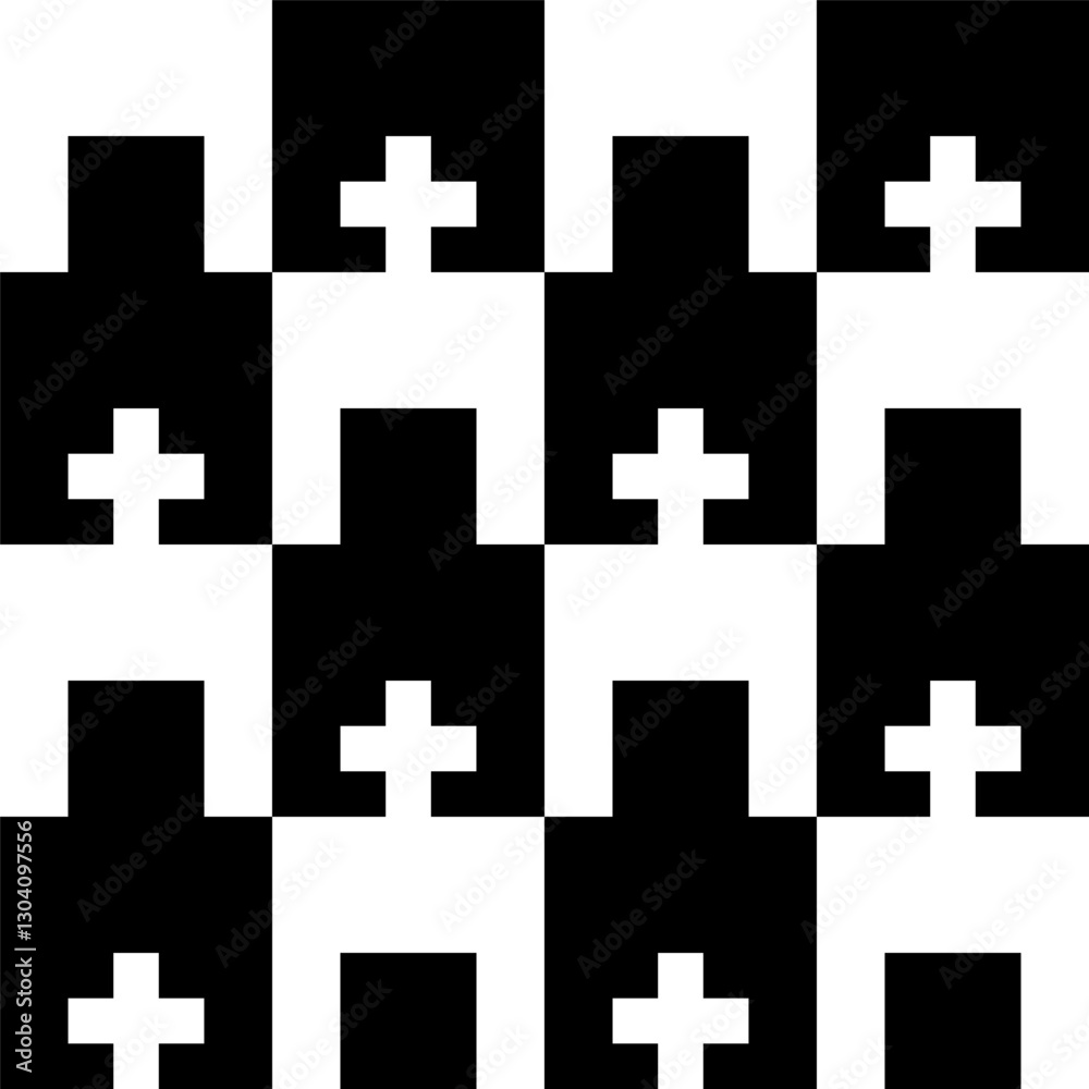 Obraz premium Abstract geometric seamless pattern. Minimalist geometrical ornament, puzzle design. Vector black and white illustration.