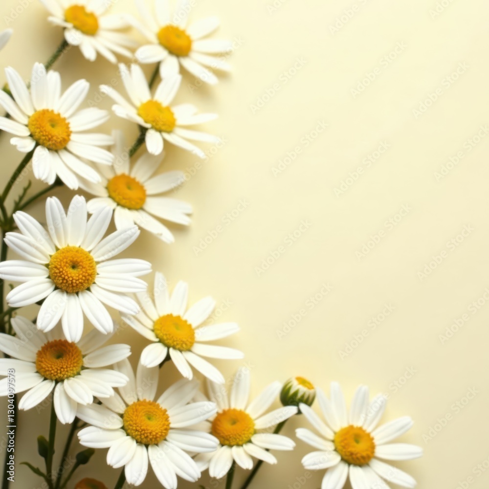 Subtle chamomile floral pattern, soft sunlight, beige backdrop , yellow, flowers Subtle chamomile floral pattern, soft sunlight, beige backdrop , yellow, flowers