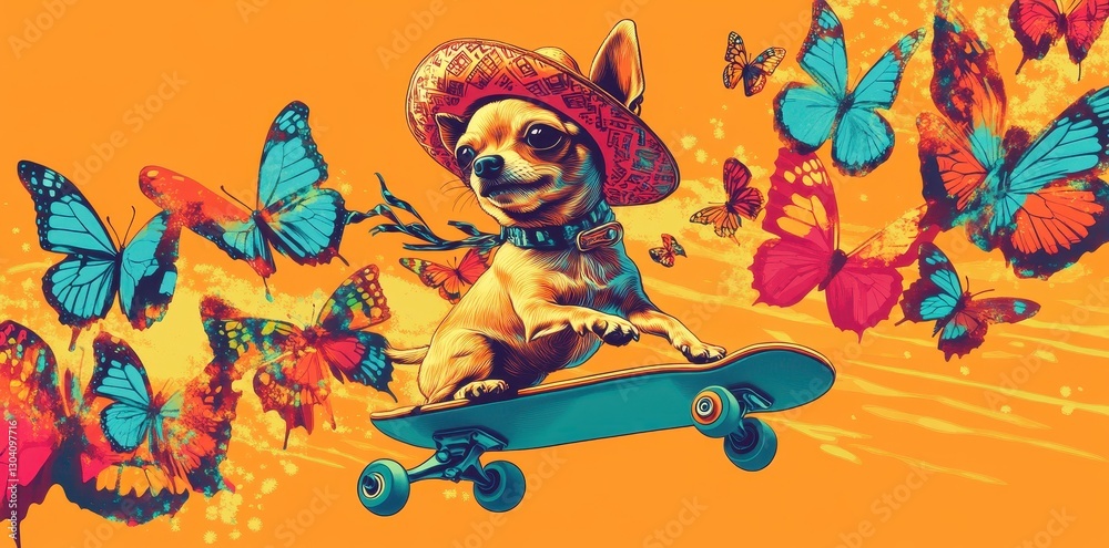 Fototapeta premium A small dog wearing a hat skates with colorful butterflies around