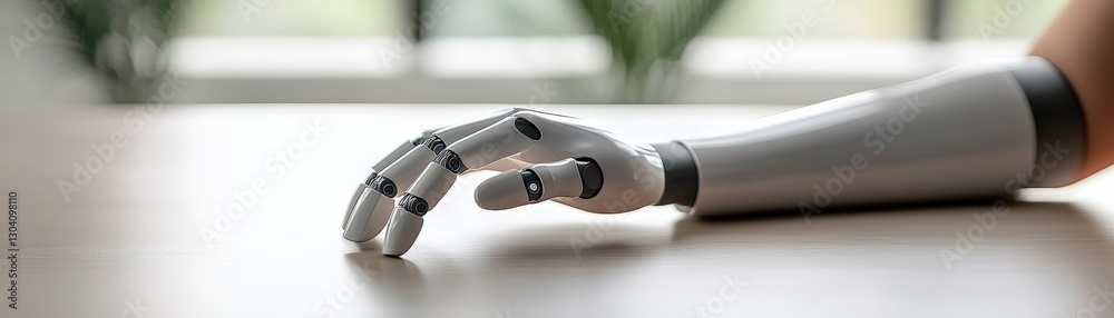 Seamless Technology and Connectivity for Effortless Interaction, Robotic hand resting on a table, showcasing advanced prosthetic technology and design.