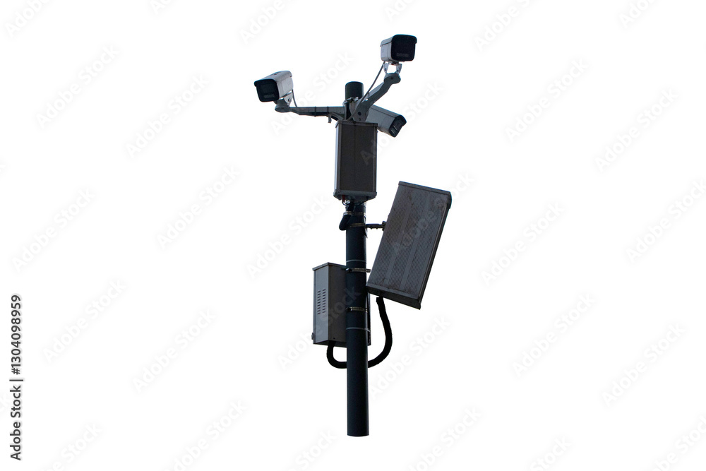 Closed-circuit camera CCTV with small loudspeaker on pole isolated on cut out PNG or transparent background. Safety protection. Record events such as traffic accidents. Also prevent thief. Closed-circuit camera CCTV with small loudspeaker on pole isolated on cut out PNG or transparent background. Safety protection. Record events such as traffic accidents. Also prevent thief.