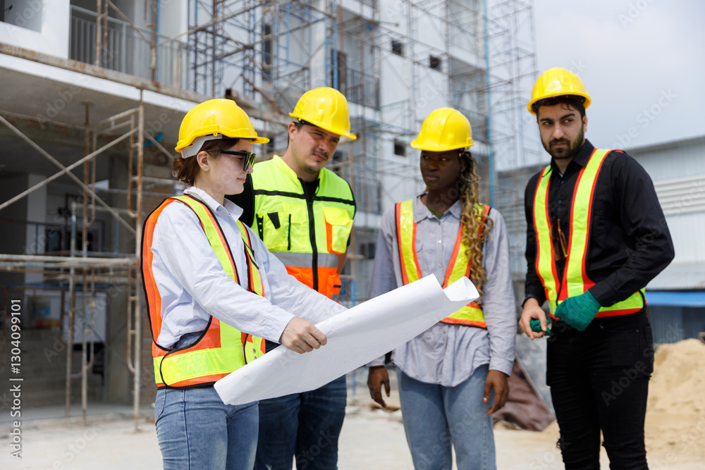 Person group of construction workers examines blueprints together at a construction site. They discuss plans with focus while wearing safety gear. Person group of construction workers examines blueprints together at a construction site. They discuss plans with focus while wearing safety gear.
