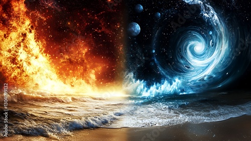 Fiery Inferno Meets Icy Cosmos: A Surreal Seascape of Contrasting Elements