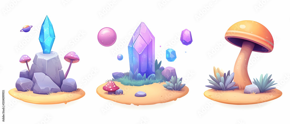 Naklejka premium Fantasy crystals, mushrooms, game assets
