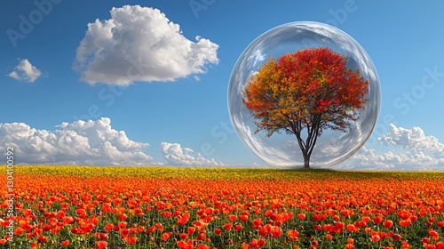Autumn Tree Encased in Glass Orb Amidst a Red And Yellow Flower Field