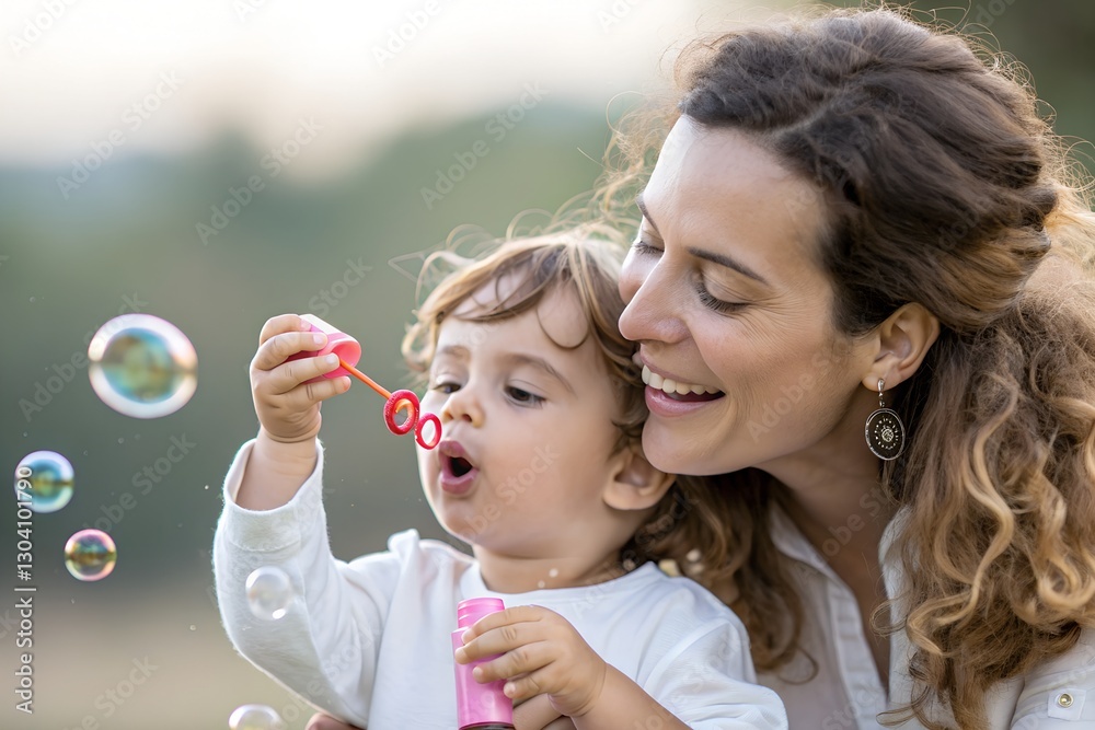 Minimalistic photo of a nanny blowing bubbles with a small child, extreme close-up focusing on their delighted expressions, softly blurred background. Minimalistic photo of a nanny blowing bubbles with a small child, extreme close-up focusing on their delighted expressions, softly blurred background.