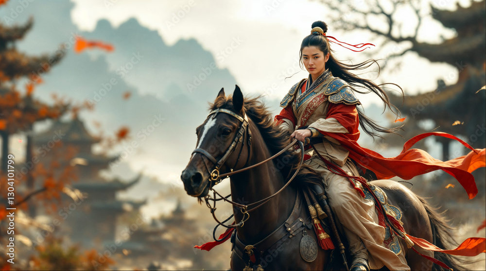 Fototapeta premium woman in red dress with a katana, female warrior, soldier, Japanese warrior, 