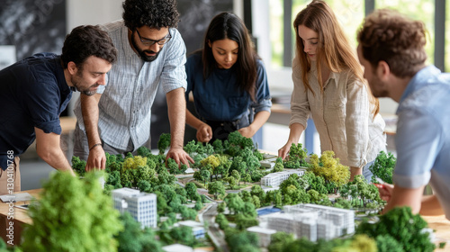 Fototapeta Naklejka Na Ścianę i Meble -  Project-Based Learning, Diverse group collaborating on urban garden models project, showcasing creativity and teamwork