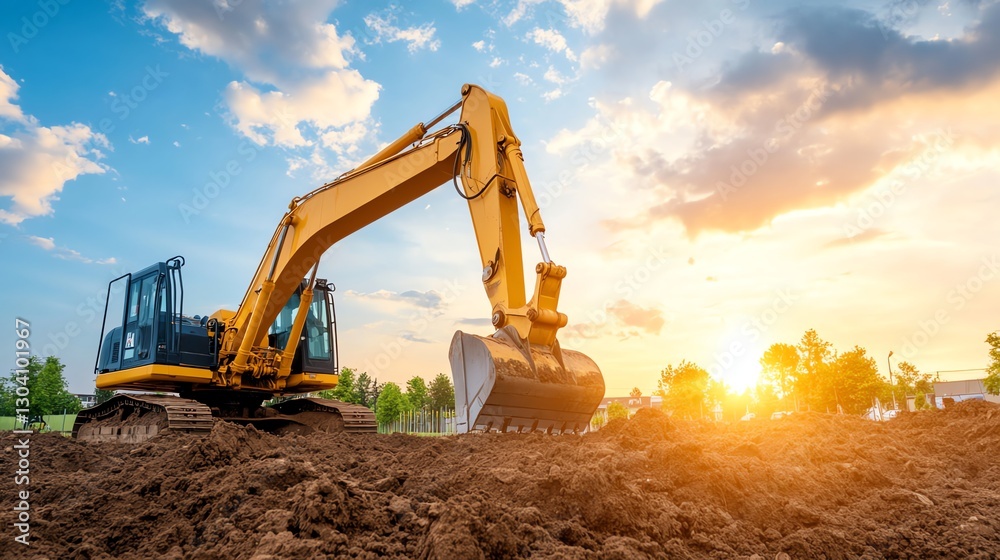 A powerful excavator on a construction site at sunset, surrounded by dirt and dramatic shadows. Perfect for construction ads, blogs, and projects. A powerful excavator on a construction site at sunset, surrounded by dirt and dramatic shadows. Perfect for construction ads, blogs, and projects.