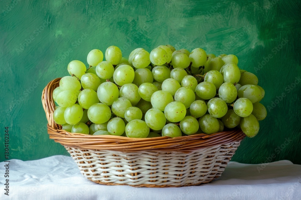 Green grapes in a basket on a white tablecloth against a green background Green grapes in a basket on a white tablecloth against a green background