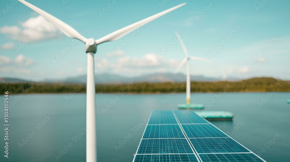Innovative floating farm featuring wind turbines and solar panels on water, showcasing sustainable energy solutions in a serene landscape, designed to enhance renewable resource utilization.