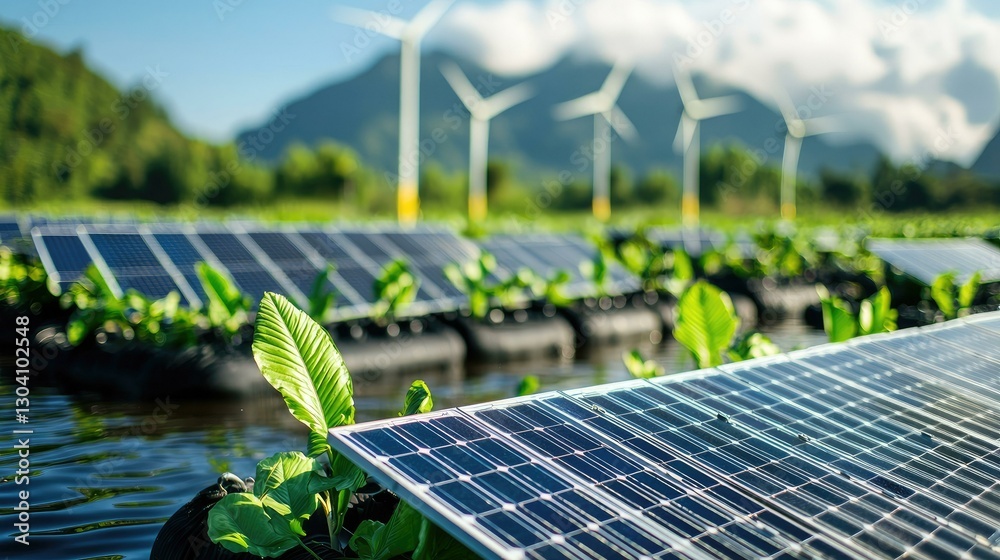 A picturesque floating farm harnessing solar energy and wind power, adorned with lush green vegetation and reflecting the harmony between agriculture and renewable energy technologies.