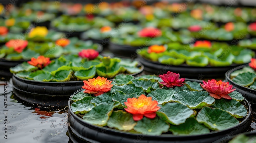 A vibrant display of colorful water lilies floating on serene water, surrounded by lush green leaves, creating a picturesque and tranquil scene for nature lovers and garden enthusiasts.