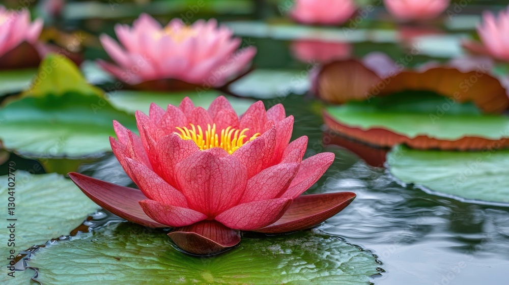 Beautiful pink water lilies blooming gracefully on a serene pond surrounded by green lily pads, creating a tranquil and picturesque nature scene.