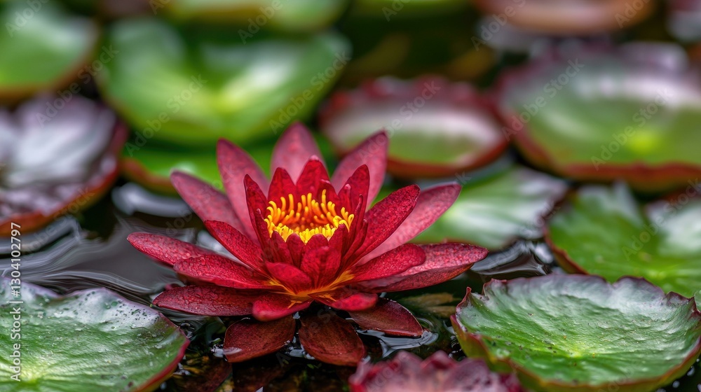 A stunning close-up of a vibrant red water lily blooming gracefully amongst lush green lily pads, creating a tranquil aquatic scene that's perfect for nature lovers and wellness themes.