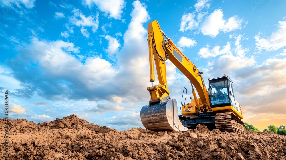 A powerful excavator on a construction site at sunset, surrounded by dirt and dramatic shadows. Perfect for construction ads, blogs, and projects. A powerful excavator on a construction site at sunset, surrounded by dirt and dramatic shadows. Perfect for construction ads, blogs, and projects.