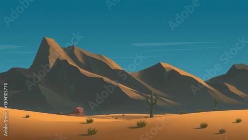 Serene Desert Landscape Minimalist Geometric Mountain Range and Cactus
