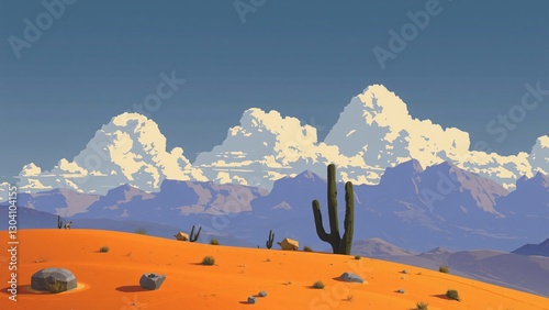 Serene Desert Landscape with Majestic Mountains and Fluffy Clouds
