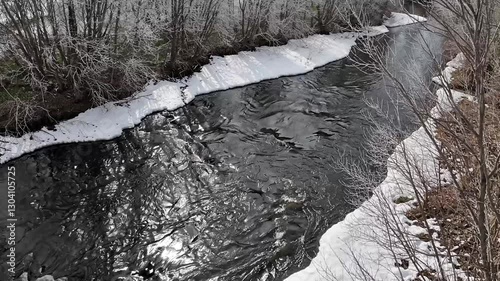 Tracking Shot time-lapse of following a river’s flow as seasons change, muted winter tones blending into rich summer colors, natural light intensifies, a journey feel. 
